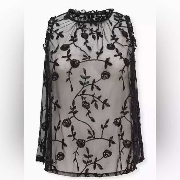 torrid Tops - Sheer Mesh Embroidered Ruffle Sleeveless Blouse